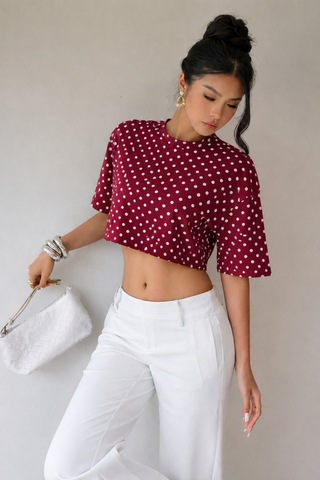 Hımmelduf Kadın Puantiye Desenli Crop Tişört Basic Oversize Yazlık Bluz Bordo