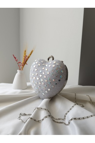 Vivazzaluxe Kalp Model Kristal Taşlı Küçük Boy Düğün Nişan Kadın Abiye Çanta Beyaz