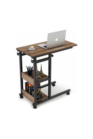 Yükseklik Ayarlı Raflı Çalışma Masası - Ceviz Tekerli Atlantik Çam