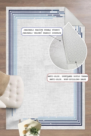 Modern Çerçeve Desen Baskılı Kaymaz Yıkanabilir Salon Oturma Odası Mutfak Balkon Halısı Yolluk Mavi