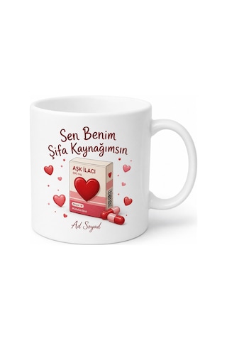 Sen Benim Şifa Kaynağımsın İlaç Kutusu Kalp Temalı Esprili Aşk Kupası Hediye Beyaz / Çok Renkli