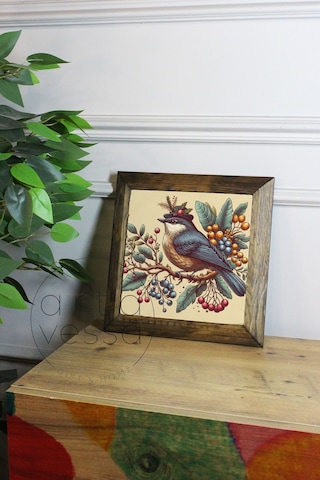 Artavessa Masif Ahşap Çerçeveli Taş Tablo Pano 16 x 16 cm - Bahar ve Kuşlar 2