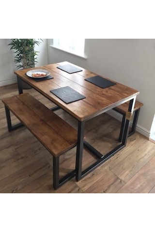 Halevia Metal Ahşap Yemek Masası Ve Çift Bench.