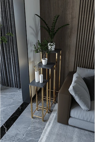 Dekoratif Saksılık 3lü Saksı Standı Gold Ayak Çok Amaçlı Metal Gold Ayaklı Yan Sehpa Saksılık Antrasit