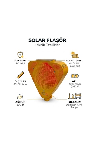 Güneş Enerjili Solar Flaşörlü Trafik Ve Şantiye Uyarı Lambası - Koni Uyumlu Sarı