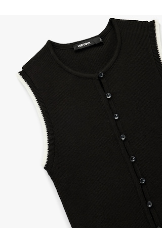 Koton Renk Kontrast Detaylı Düğmeli Bisiklet Yaka Triko Yelek Siyah 6wak30026ht Siyah
