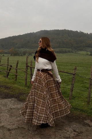 Kahverengi Şifon Ekoseli Etek - 0613 Kahverengi