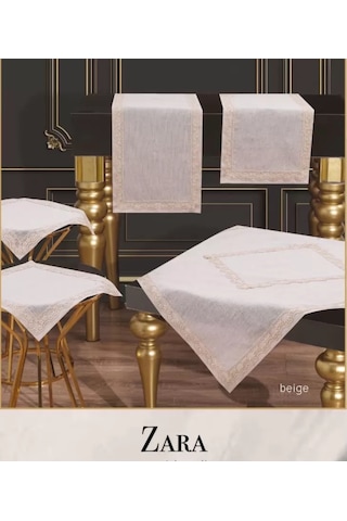 Storeşahin Salon Takımı 5 Parça Dantelli Keten Masa Örtüsü Runner Seti Çeyizlik Zara Model Bej Shn0720