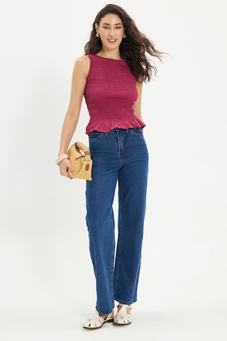 Tudors Kadın Slim Fit Dar Kesim %100 Pamuk Sıfır Kol Büzgülü Bisiklet Yaka Fuşya Bluz-50372 FUŞYA