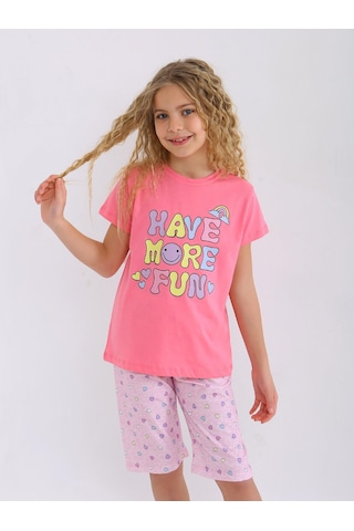 Kız Çocuk Kısa Kollu Kapri %100 Pamuklu Pijama Takımı More Fun Şeker Pembe