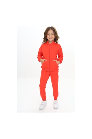 Toontoy Kids Toontoy Kız Çocuk 2'li Takım Dik Yaka Fermuarlı Cepli Sweatshirt & Beli Paçası Ribanalı Jogger Eşofman Altı - 2 İplik Nar Çiçeği