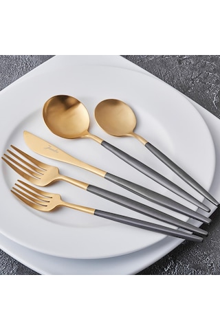 Jumbo Colors Siyah Mat Altın 6 Kişilik 30 Parça Çatal Kaşık Bıçak Seti Mat Altın