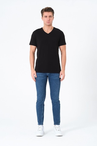 Rich Erkek %100 Pamuk Kısa Kollu Siyah T-shirt V Yaka Basic Erkek Tişört SIYAH
