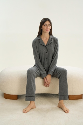 Kadın Uzun Kol Triko Önden Düğmeli Gri Melanj Pijama Takım C1t8n9o51 001