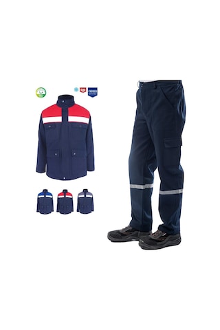 Kışlık İş Takımı Çok Cepli Reflektörlü Mont 4111 Ve 7/7 İş Pantolonu 2958 Lacivert Renk Yüzde Yüz Pamuk