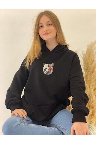 Merkür Store Sevgili Çift Kombinleri Panda Tasarım 2 Ürün Siyah Kapüşonlu Sweatshirt SIYAH