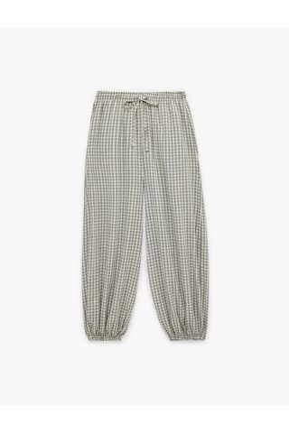 Koton Pamuklu Beli Bağcıklı Rahat Kalıp Gofre Kumaş Şalvar Pantolon Gri Ekose 6sal40113ıw