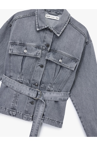 Koton Pamuklu Cep Detaylı Uzun Kollu Klasik Yaka Kemerli Denim Ceket Gri 6wal50019md Gri