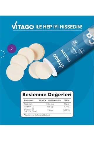 Vitago Prokalsiyum Vitamin D Vitamin K2 20 Efervesan Tablet