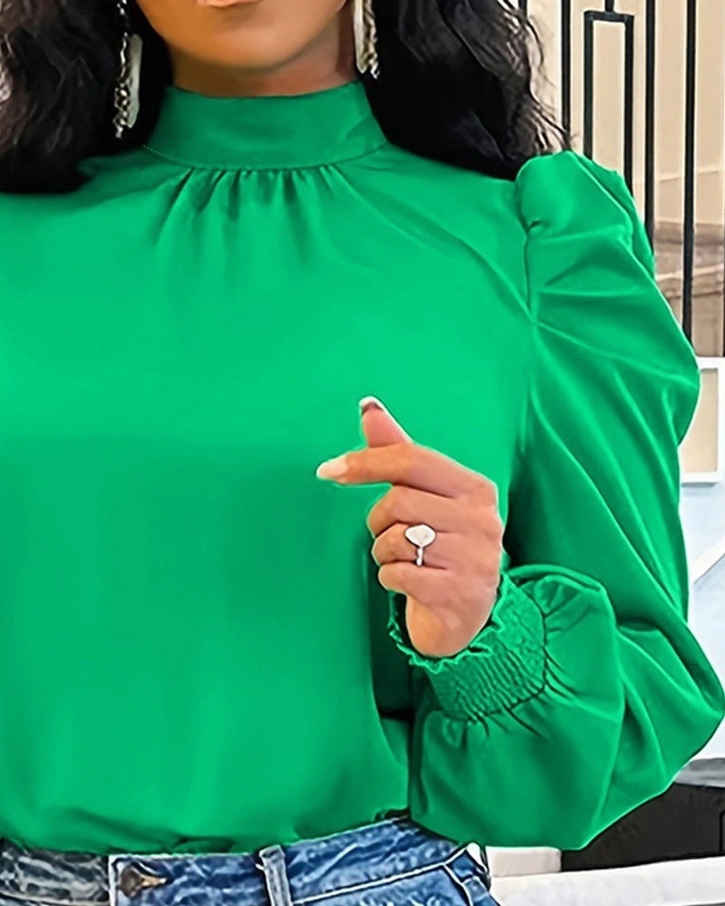 Ahes Shopping Kadın Uzun Kollu Balıkçı Yaka Arkadan Bağlamalı Omuzlardan Balon Ithal Krep Bluz Yeşil