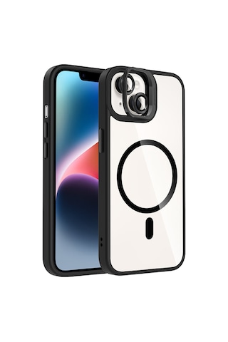 iPhone Uyumlu 14 Kılıf Standlı + Kamera Lens Koruma Setli M-safe Şarj Özellikli Mkst Etro Kapak Siyah Siyah