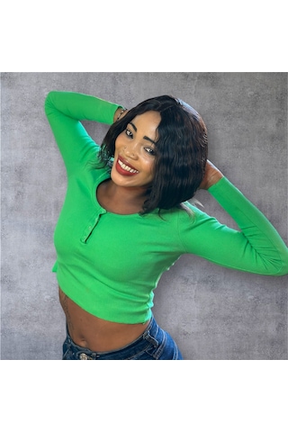 İbeeka Yeni Sezon Havuz Yaka Kesim Çıtçıt Yakalı Pamuk Kaşkorse Crop Body / Bluz Yeşil Renk Yeşil