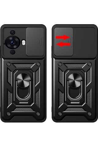 Huawei Nova 12s Uyumlu Kılıf Magnetik Standlı Kamera Korumalı Tchs Sürgülü Vega Kapak-siyah Siyah