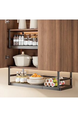 Honeybeeshop 1 Adet Siyah Büyük Ayarlanabilir Metal Dolap Rafı Baharat Şişeleri Ve Soslar İçin Genişletilebilir Mutfak Depolama Rafı