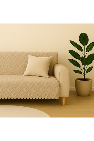 Şönil Jakarlı Kaymaz Koltuk Örtüsü 175x215 Cm Çekyat Uyumlu, Yıkanabilir Bej