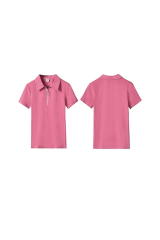 Pembe Fermuar Turn-down Yaka T Gömlek Kadın Kısa Kollu Yaz Üstleri Pamuk Tshirt Kadın Kore Giysileri Tee Gömlek Femme Pembe
