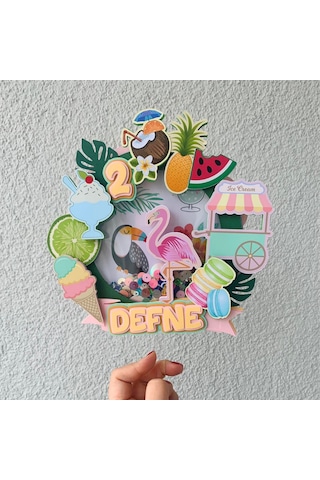 Tropikal Meyve Flamingo Temalı Doğum Günü İsme Özel Pasta Süsü