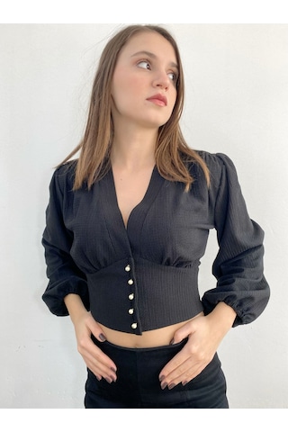 Mois Atelier Siyah Crop Top Bluz Gömlek, Tasarım, Hediye, Büyük Beden Siyah