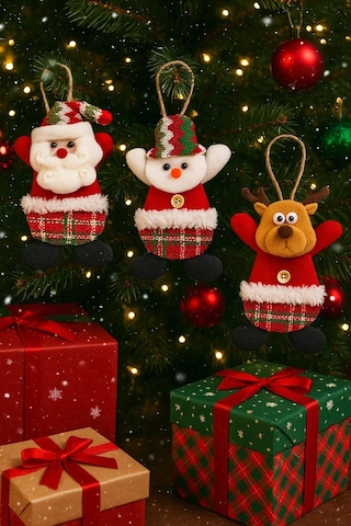 3'lü Peluş Karakterlerle Eğlenceli Yeni Yıl Dekoru Noel Figürleri Yılbaşı Ağaç Süsleri 17 Cm X 11 Cm Çok Renkli