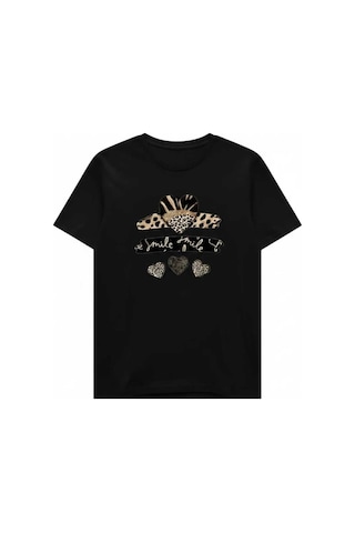 Leopar Kalpler Baskılı %100 Pamuk Kadın T-shırt Siyah