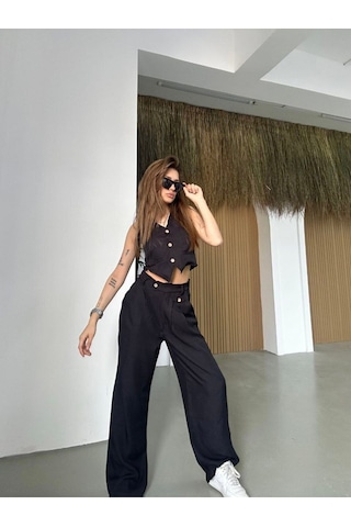 Hgfashion Kadın Yelek Pantolon İkili Takım Siyah Renk Siyah