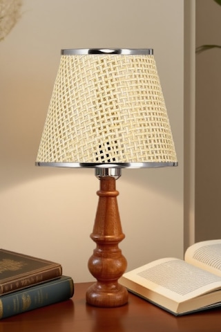 Ahşap Gövdeli Kumaş Başlıklı Dekoratif Abajur Masa Lambası Aydınlatma Lamba Bej