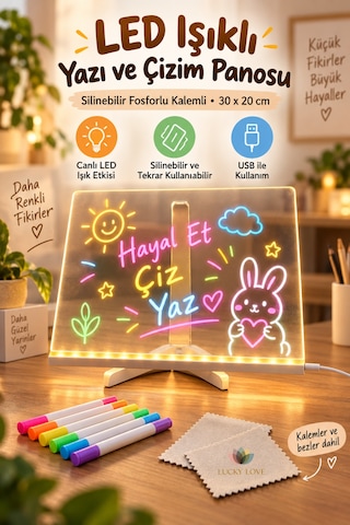Led Işıklı Silinebilir Yazı Ve Çizim Panosu 30x20 Cm Fosforlu Kalemli Usb'li Katlanabilir Ayaklı Şeffaf
