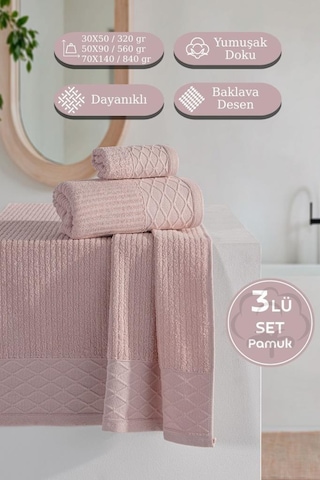 Cumba %100 Pamuk 3 Lü Havlu Takımı - 30x50, 50x90, 70x140 Pudra