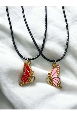 Kelebek İki Renk Iki Adet Mıknatıslı Çift Sevgili Kolye Takı Çok Renkli