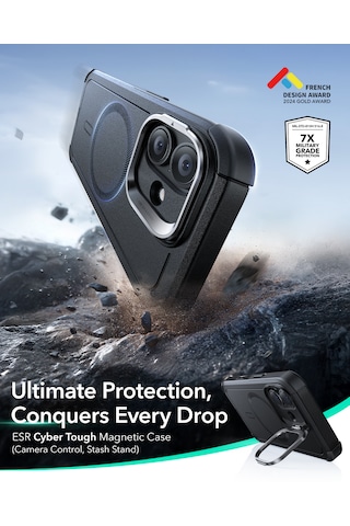 Esr Apple Uyumlu iPhone 17 Cyber Tough Manyetik Kılıf Kamera Kontrol Özellikli, Stantlı Lacivert