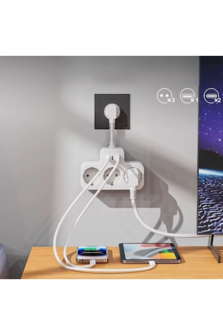 Yüksek Voltaj Korumalı Priz, Duvar Tipi Kısa Kablolu Priz Çoğaltıcı, 3x Soket, 2x Type-c, 1x Usb, 16a, 3680w, 1050 Joule, Çocuk Korumalı, Isıya Dayanıklı Yapı 0.13 M
