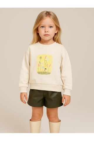 Kız Çocuk Önü Baskılı Boncuk Detaylı Sweatshirt-16130 KREM