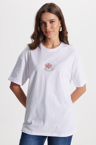 Tudors Kadın Oversize Geniş Kesim %100 Pamuk Bisiklet Yaka Kısa Kollu Baskıllı Beyaz Tişört -50799