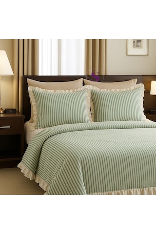 Sarı-bej % 100 Pamuk Fırfır İplik Boyalı Çift Kişilik Nevresim Takımı,modern Çizgili Nevresım Seti Mavi - Bej