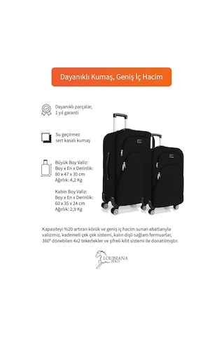 Büyük Ve Kabin Boy Valiz Seti 4 Teker Kumaş Valiz Siyah 1081 Siyah