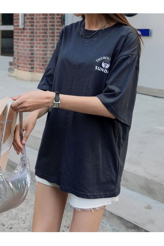 Flood Of Style Kadın Lacivert Mountaın Oversize Bisiklet Yaka Tshirt
