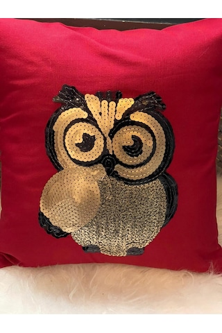 Baykuş Pul Payetli Kırlent Yastık Kılıfı 40x40 Kırmızı