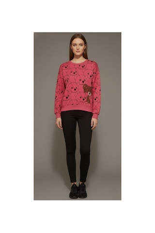 The Kadın Pembe Ayıcık Baskılı Sweatshirt 3 İplik Şardonsuz, %100 Pamuk Rahat Kalıp Pembe