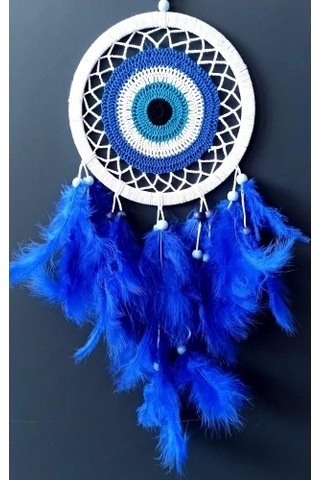 Saks Mavisi Kuş Tüylü Dream Catcher Nazar Boncuğu Motifli Düş Kapanı Duvar Süsü