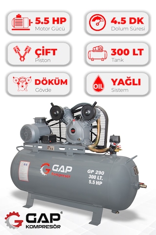 Gap Kompresör GP290 Pistonlu 300 L 2 Kafa 8Bar 5.5HP Hava Kompresörü